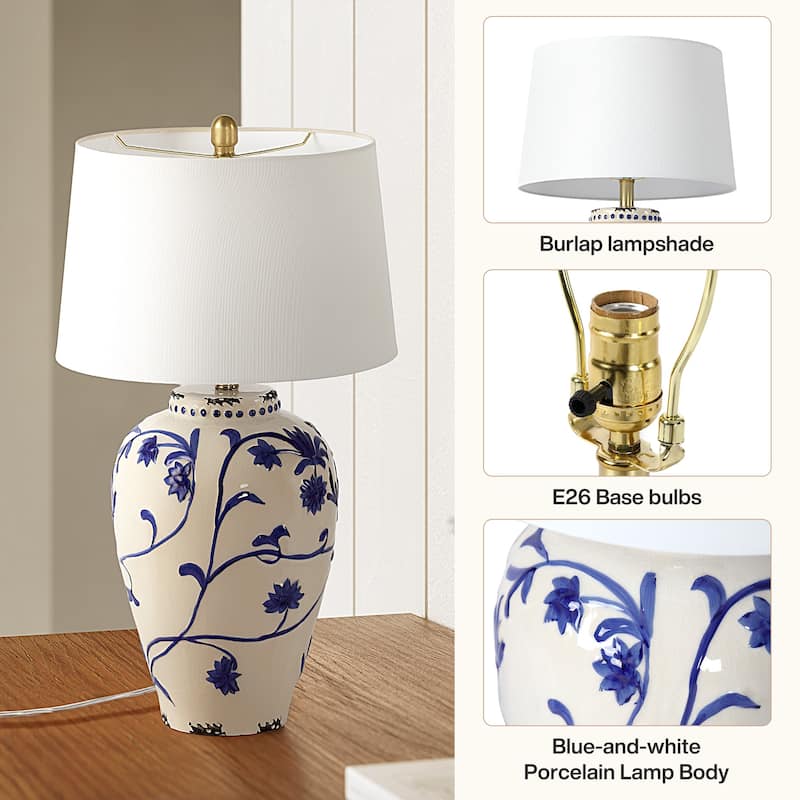 Blue and White Porcelain Table Lamp with Linen Shade - 13'' W × 13'' D × 26'' H