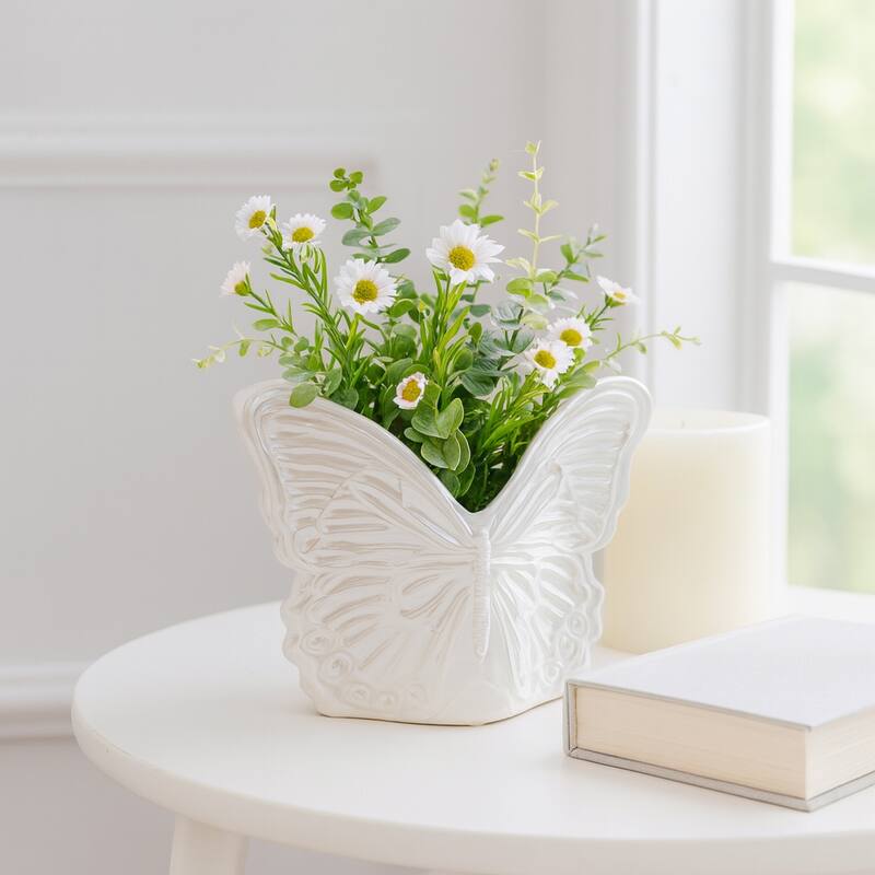 Butterfly Ceramic Planter or Flower Pot - 7", Ivory