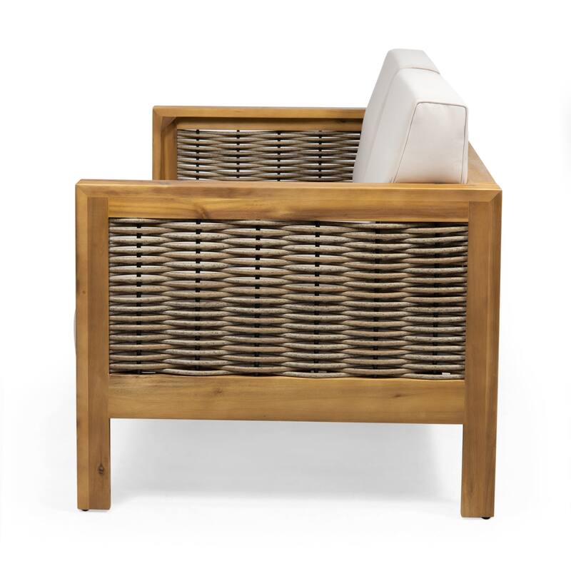 Linwood Acacia Wood and Wicker Outdoor Loveseat and Coffee Table Set with Cushions by Christopher Knight Home