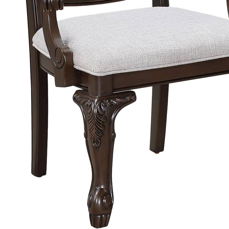 Cary Dining Armchair Set of 2, Beige Linen, Scrolled Coffee Brown Wood