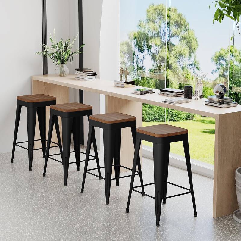Counter & Bar Stools with Metal Frame Kitchen Stools Backless Kitchen Bar Furniture Stools with Square Wooden Seat