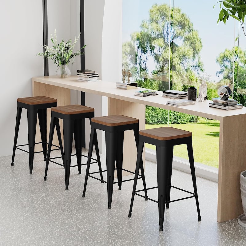 Counter Stools with Metal Frame Backless Counter Height Bar stools 24" Seat Height Kitchen Bar Furniture Stools with Wooden Seat