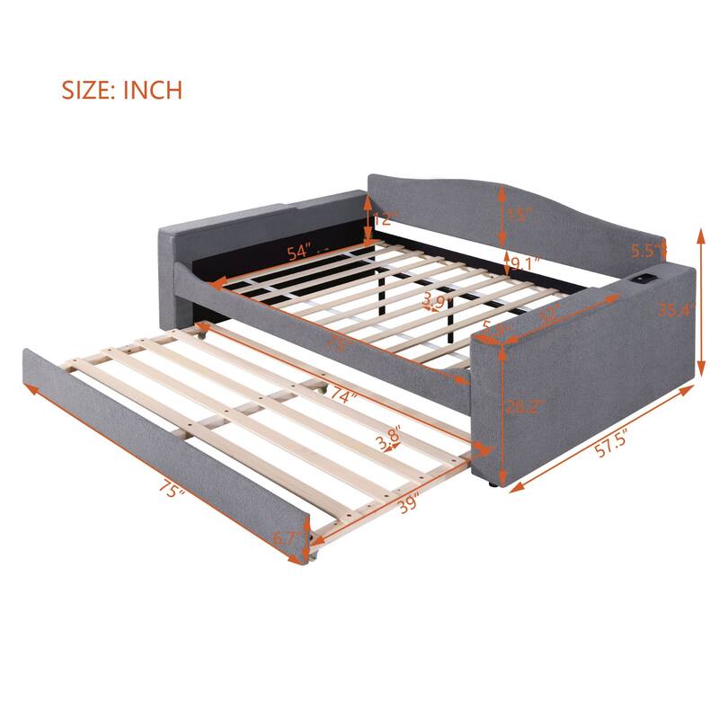 Sofa bed with storage arms, trundle bed and Bluetooth stereo