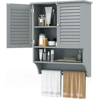 Bathroom Wall Mounted Medicine Cabinet w/ Towel Bar & Louvered Doors