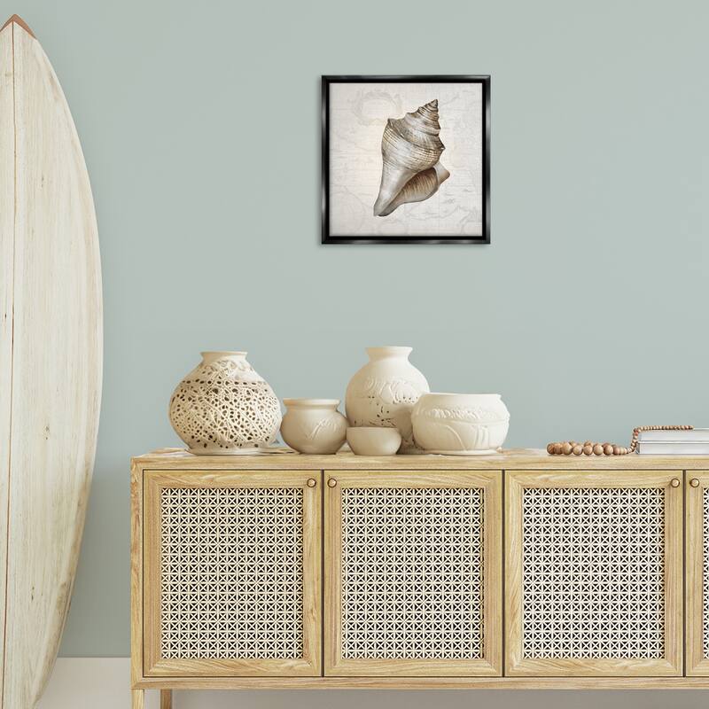 Stupell Conch Shell over Vintage Map Framed Floater Canvas Wall Art Design By Conrad Knutsen