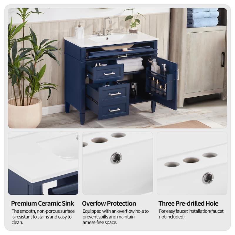 Modern 36" Freestanding Bathroom Vanity Cabinet Wood Frame with Ceramic Sink and Divided Drawers