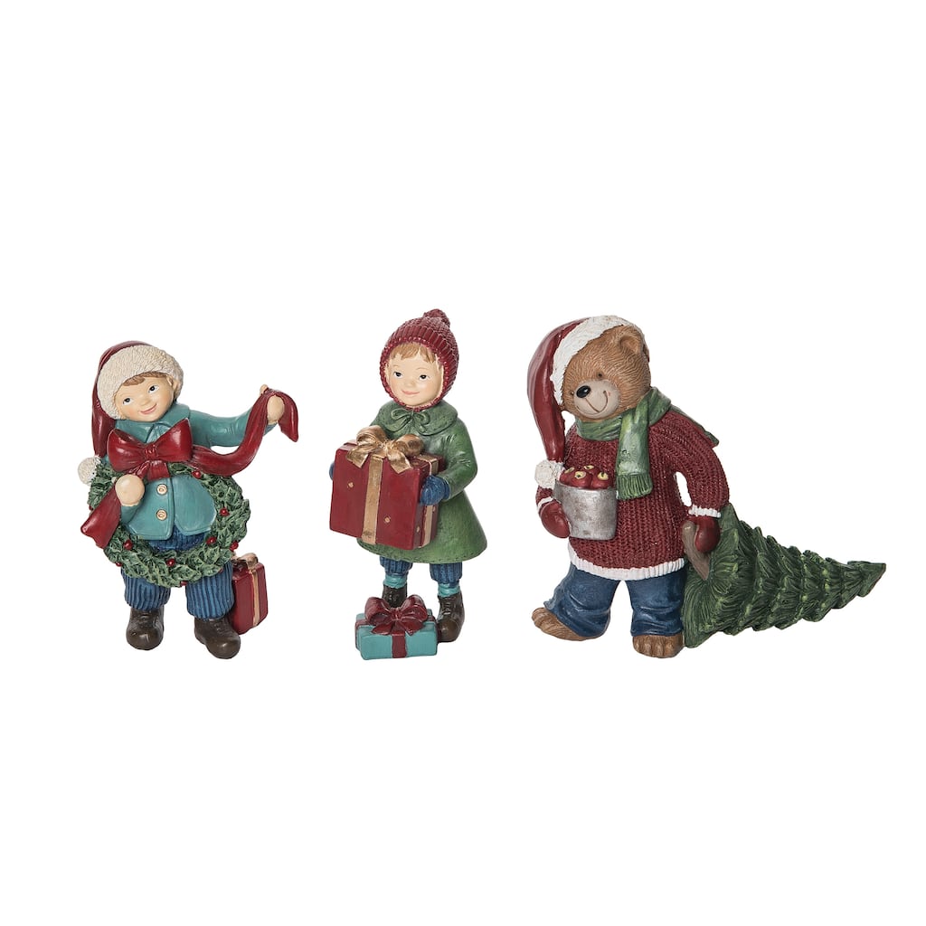Transpac Resin Vintage Cmas Kid/Teddy Figurine Set of 3 Christmas Home Decorations