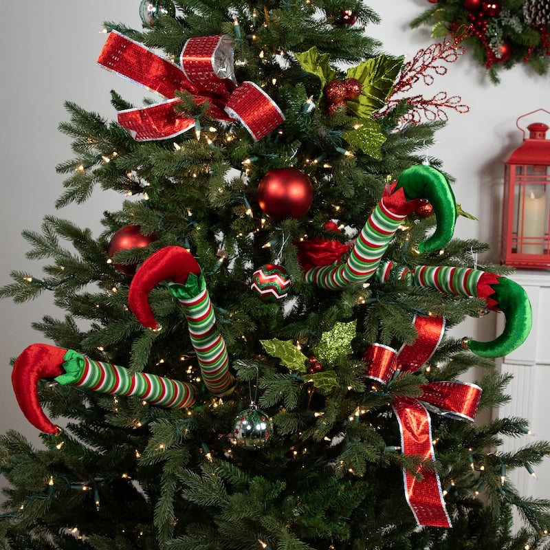 Set of 2 Red Green Striped Plush Elf Legs Christmas Decorations 18"