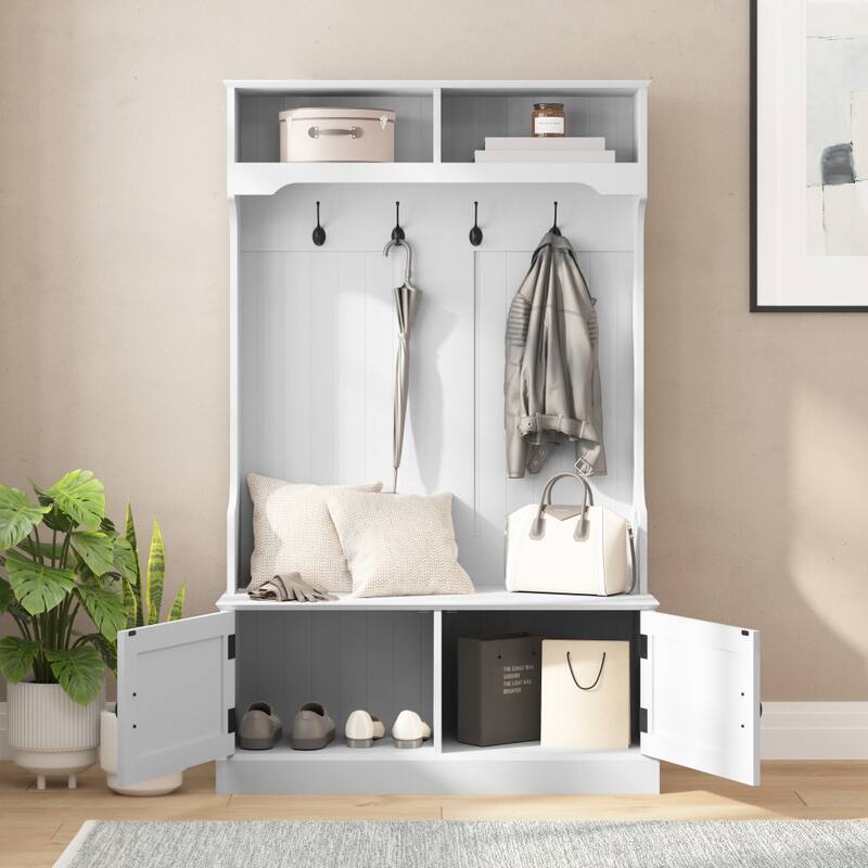 Hall Tree with Storage Bench, Upper Cubbies and 4 Double Coat Hooks - 18.5"D x 39.25"W x 65"H