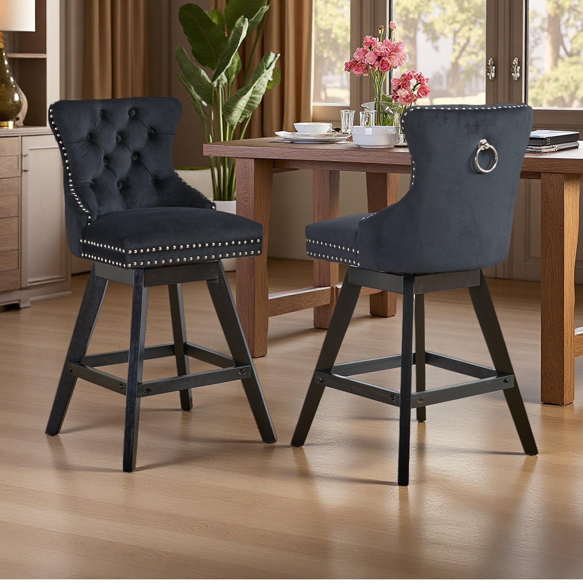 38.4"H Set of 2 Swivel Velvet Barstools with Chrome Nailhead Trim & Solid Rubber Wood Legs - 360° Rotating Seat