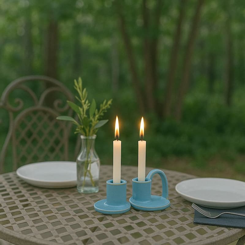 Robin Egg Blue Set of Two Elise Short Ceramic Candlesticks Rustic