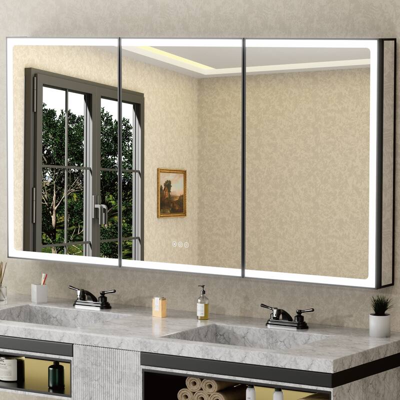 Grand Aluminum Medicine Cabinet with Mirror, Adjustable Shelves, Dimmable Light, Anti-Fog, Recessed or Wall Mount - 60"W x 32"H