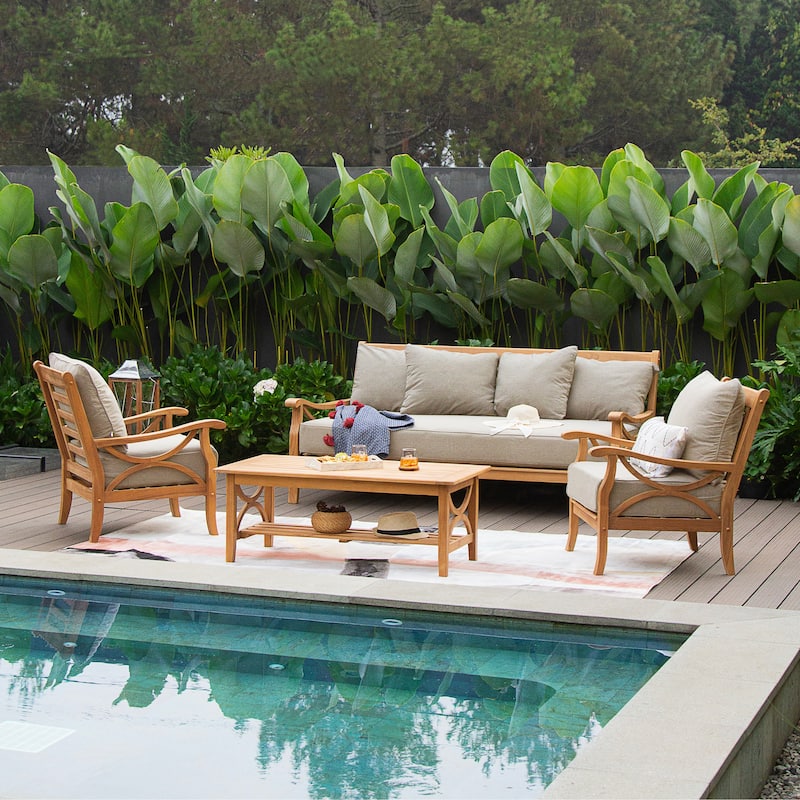 Cambridge Casual Lowell 4-piece Teak Wood Patio Conversation Set with cushion - Natural Teak/Beige Cushion
