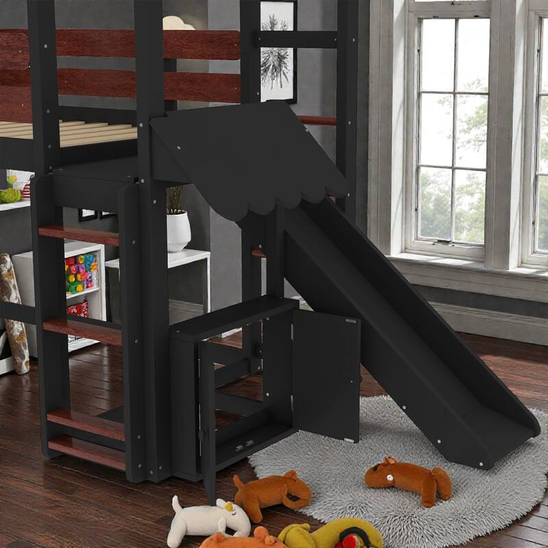 Twin Loft Bed with Slide and Bookshelf, Kids House Bed with Stairs, Safety Rails, Playful Design