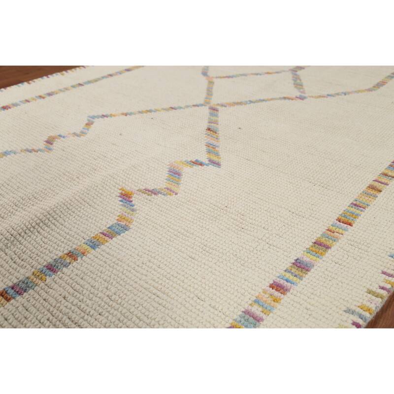 Ivory Moroccan Area Rug Hand-Knotted Stripe Wool Carpet - 4'11"x 8'8"