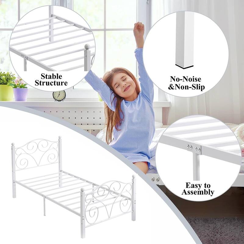 Javlergo 2-Pack Twin Size Victorian Metal Bed Frame for Kids with Headboard & Footboard No Box Spring Needed