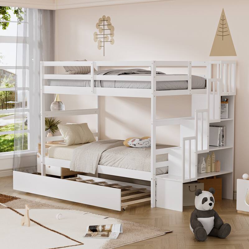 Ouyessir Twin Over Twin Bunk Bed with Trundle and Staircase - White