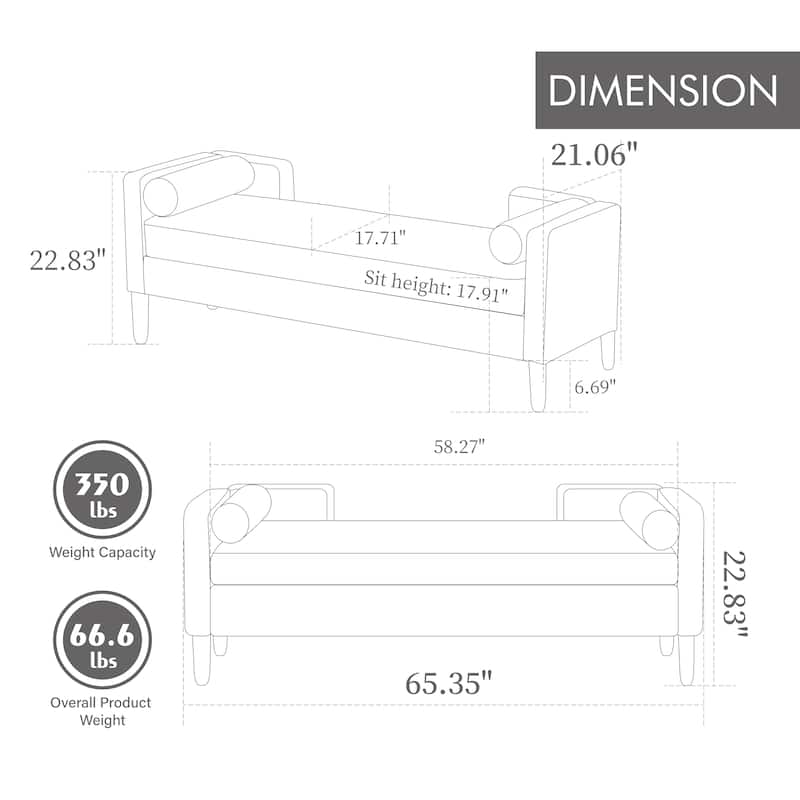 65.35" Wide Corduroy Storage Soft Bench with Armrests, Backrest and Two bolster Pillows for Living Room