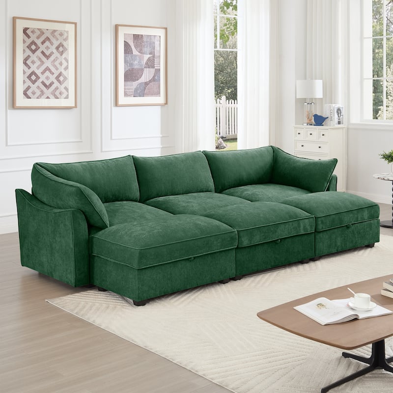 Modular Upholstered Sofa with 3 Ottomans and Storage Drawers, Deep Seat Chenille Sleeper Couch for Living Room, Home Theater