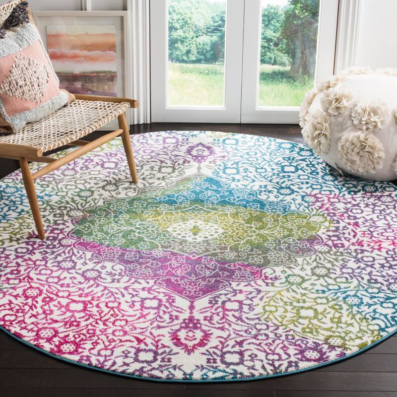 SAFAVIEH Watercolor Sierra Modern Abstract Medallion Rug - 6'7" Round - Ivory/Fuchsia