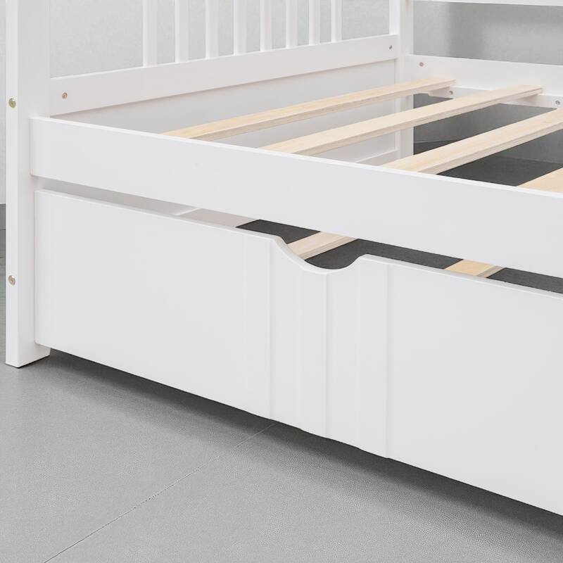 Twin/Full Size Wood Daybed with Twin Trundle, Sofa Bed Frame with Rails and Pull-Out Guest Bed