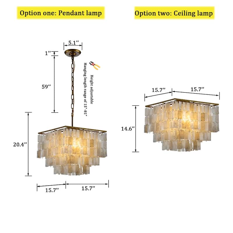 CraftHome 3-Light Coastal Natural Capiz Shell Tiered Chandelier With Square Antique Gold Frame