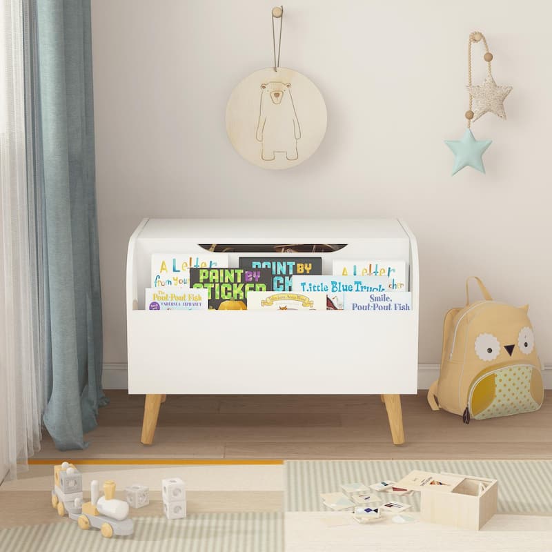 Wooden Toy Box, Kids Toy Storage Organizer with Front Bookshelf, Flip-Top Lid, Safety Hinge, Boys Girls Toy Chest Bench