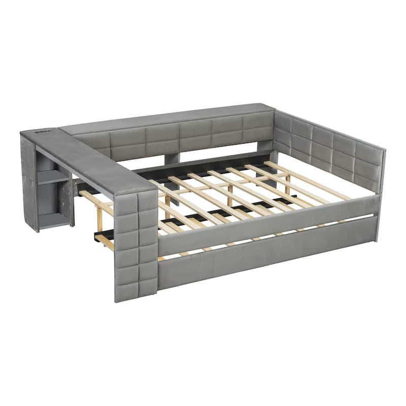 L-shaped Bed Frame with Desk,Shelves,Charging Station,and Optional Upholstered Sofa Bed with Trundle or Wood Daybed with Drawers
