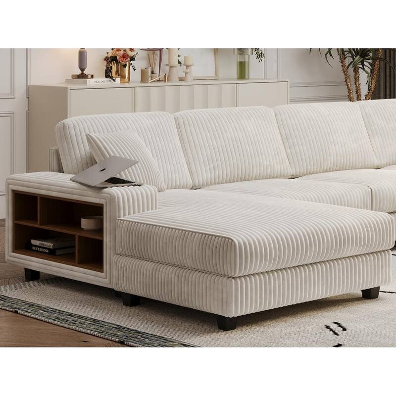 139.76" Corduroy U-Shaped Sectional Sofa with Storage Arms & Pocket Spring Cushions