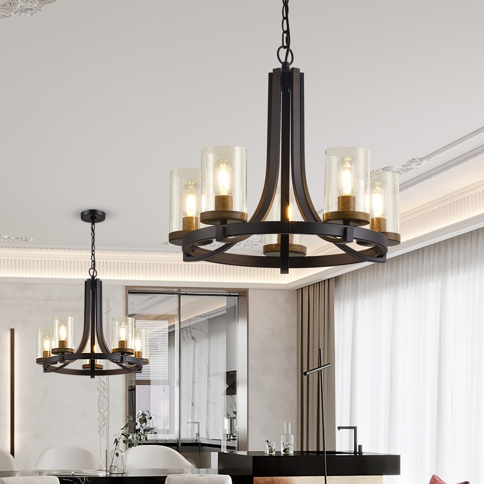 6 L Farmhouse Chandelier Fixture with Wood Base Glass shade and Black metal adjustable height Pendant Light