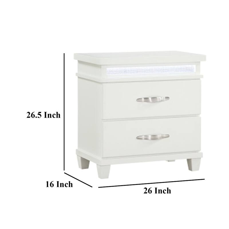Jisy Nightstand, 2 Drawers, LED Lights, White Wood, Chrome Handles