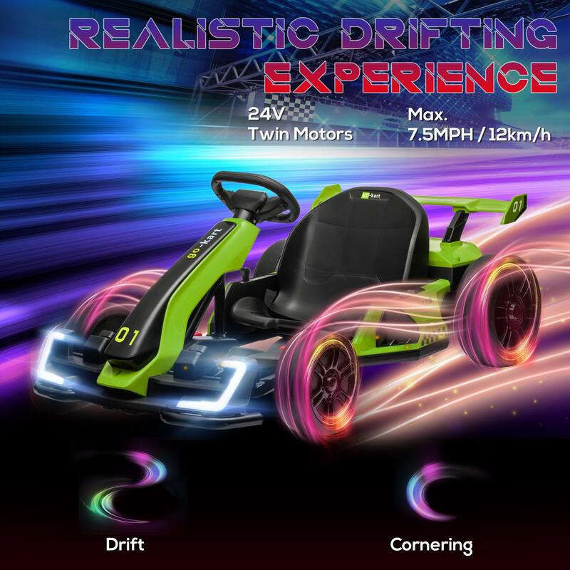 Battery Powered 24V Drifting Go Kart Ride on Car with Adjustable Seat, 7.5 MPH Speed, Music, Horn, Lights for Kids Ages 6-12