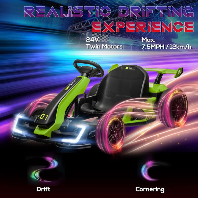 Dual Motor Exclusive Vehicle for Kids, Green Drifting Car with Music Control Buttons, Ride on Go Kart with Dashboard