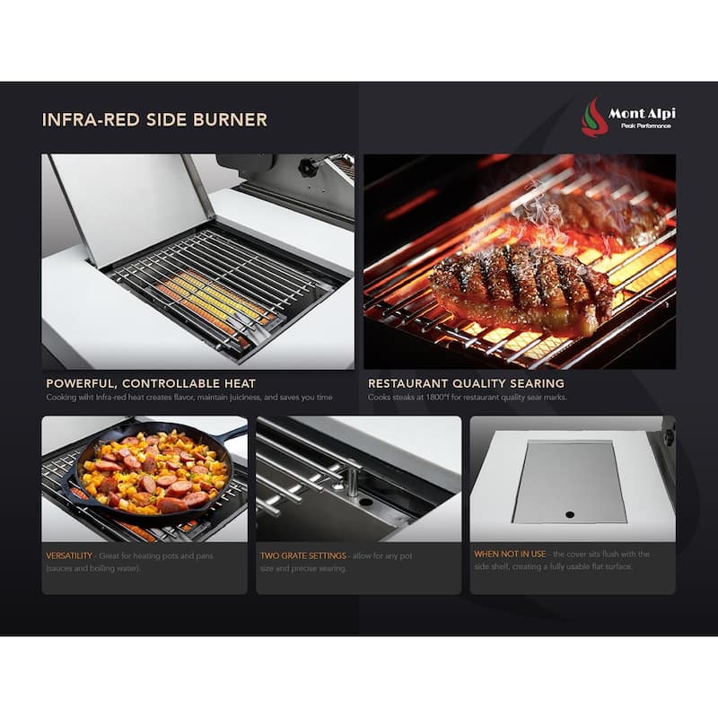 Mont Alpi 132"W Black Stainless Steel Premium Outdoor Kitchen Island with Refrigerator Faucet & Sink + 44"W 6-Burner BBQ Grill