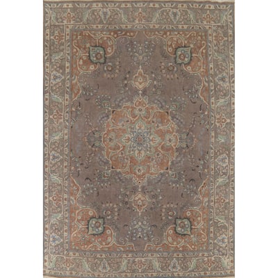 Brown Tabriz Persian Vintage Area Rug Handmade Floral Wool Carpet - 9'6"x 12'9"