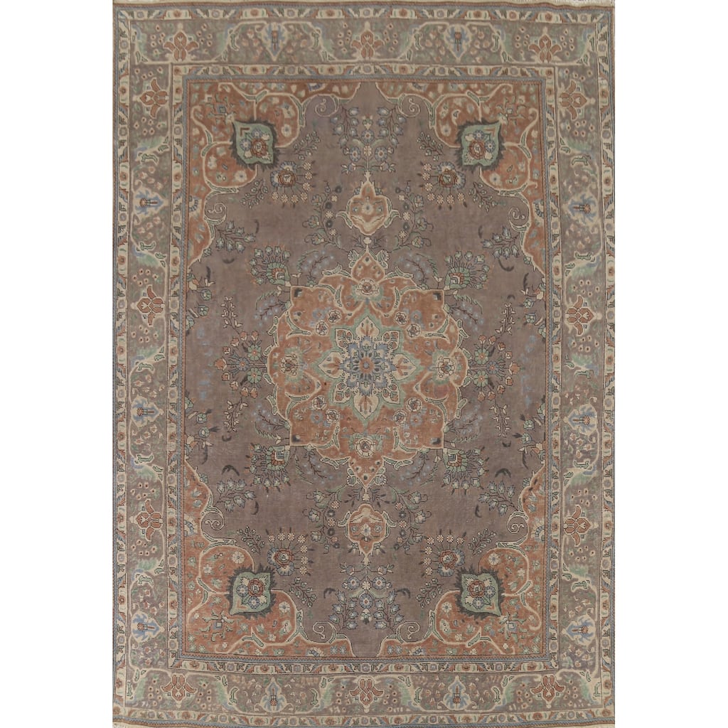 Brown Tabriz Persian Vintage Area Rug Handmade Floral Wool Carpet - 9'6"x 12'9"