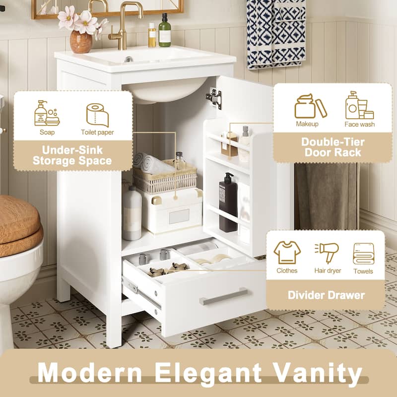 18-Inch Modern Bathroom Vanity with Ceramic Sink, Soft-Close Drawers and Door Organizer, Divider Drawer