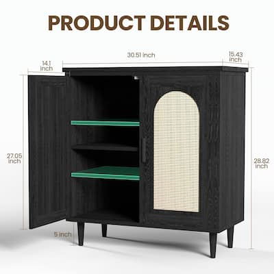 Sideboard Buffet Kitchen Storage Cabinet with Rattan, Solid Wood Feet for Living Room