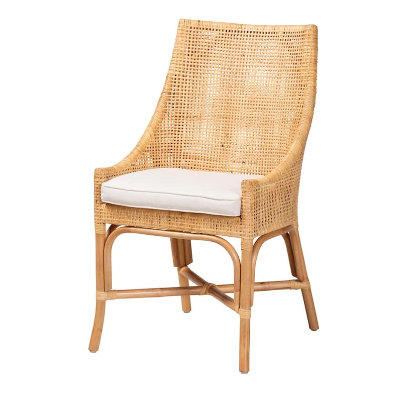 Bella Rattan Dining Chair - Handwoven Wicker Accent Side Chair with High Backrest, Coastal Boho Seating for Kitchen or Dining - White, Natural Brown