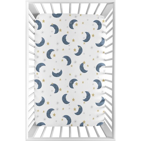 Moon and Star Baby Boy or Girl Fitted Mini Portable Crib Sheet For Portable Crib - Navy Blue Gold Watercolor Celestial Sky
