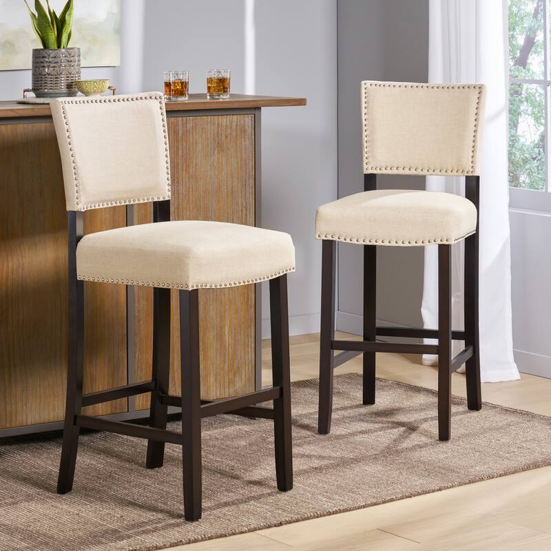 Roomfitters Upholstered Barstools with Rivet Decoration and Wood Frame, Beige Set of 2