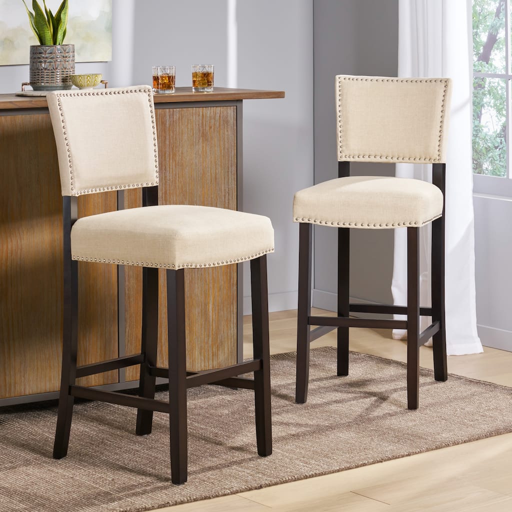 Set of 2 Upholstered Bar Stools with Wood Frame & Rivet Details, Padded Fabric Cushion for Kitchen & Dining