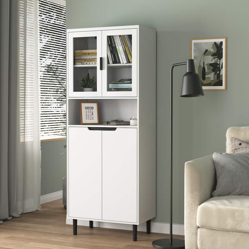 Anmytek White 4-Door Tall Storage Cabinet, Tempered Glass Doors, Adjustable Shelves, MDF Bookcase for Living Room Bedroom