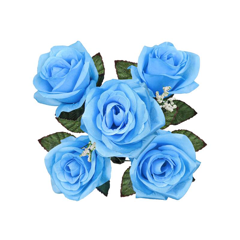 Set of 12 Blue Artificial Open Rose Flower Stem Bush Bouquet 14in - 14" L x 7" W x 7" DP