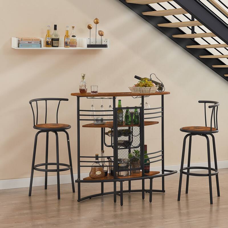 VECELO, 3-Piece Bar Table Set, Rustic Dining Room Pub Tables with Storage Shelf, 2 Back Barstools, Counter Height,