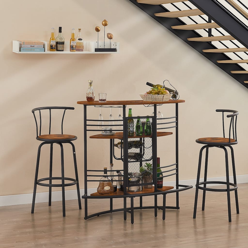 VECELO, 3-Piece Bar Table Set, Rustic Dining Room Pub Tables with Storage Shelf, 2 Back Barstools, Counter Height,