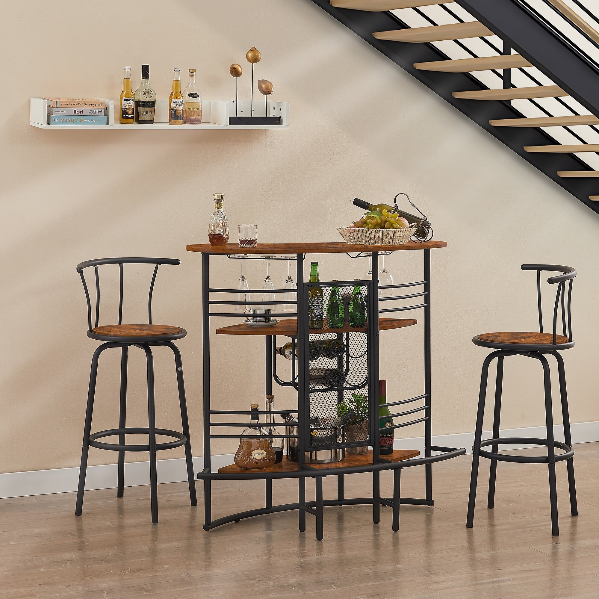VECELO 3 Piece Bar Table Set Rustic Dining Room Pub Tables with Storage Shelf 2 Back Barstools Counter Height Bed Bath Beyond 36806137