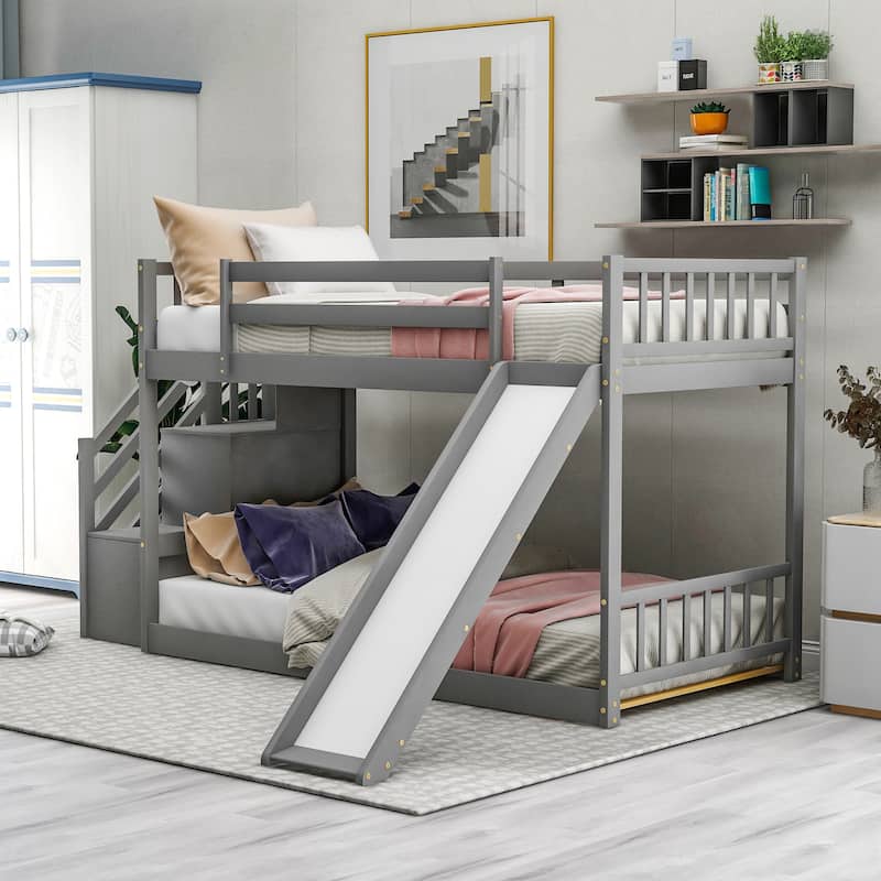Convertible Twin Bunk Bed with Slide and Stairway, Space-Saving Design, Gray - Gray