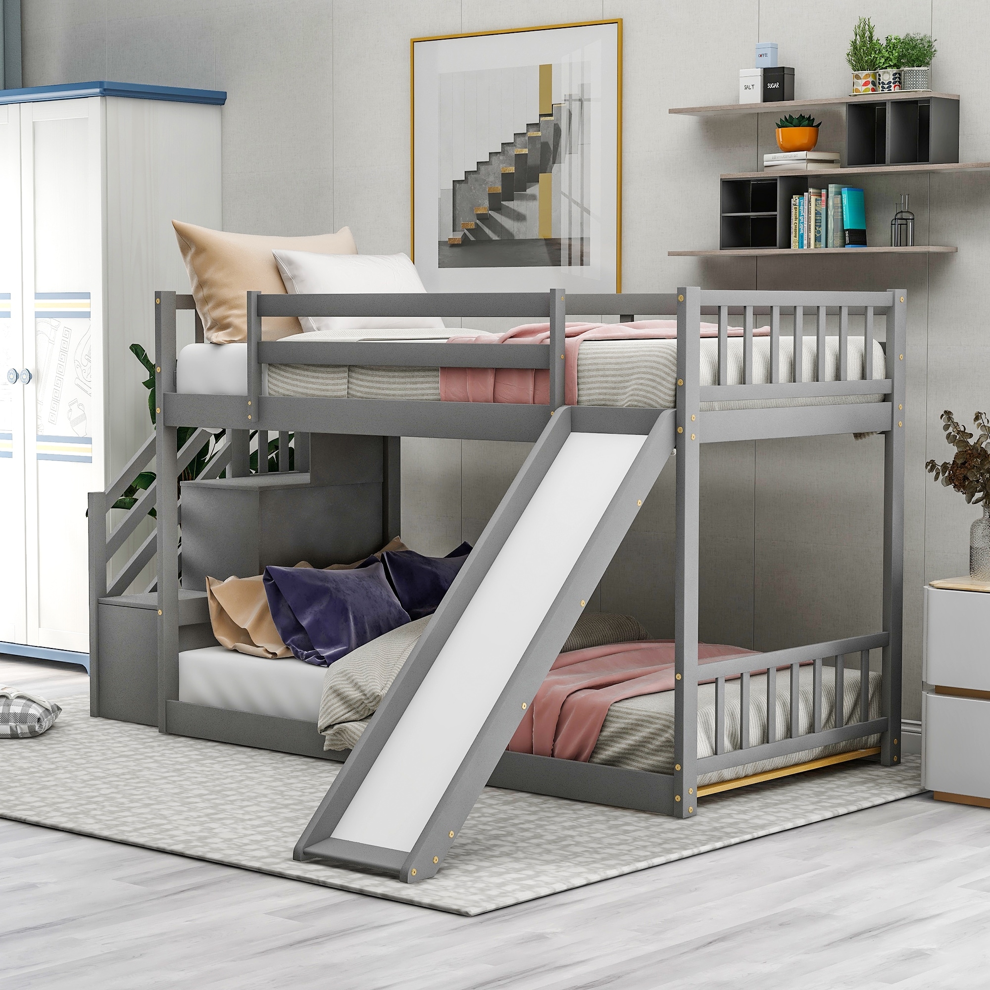 Twin Solid Wood Bunk Bed with Slide, Stairway, and Shelves