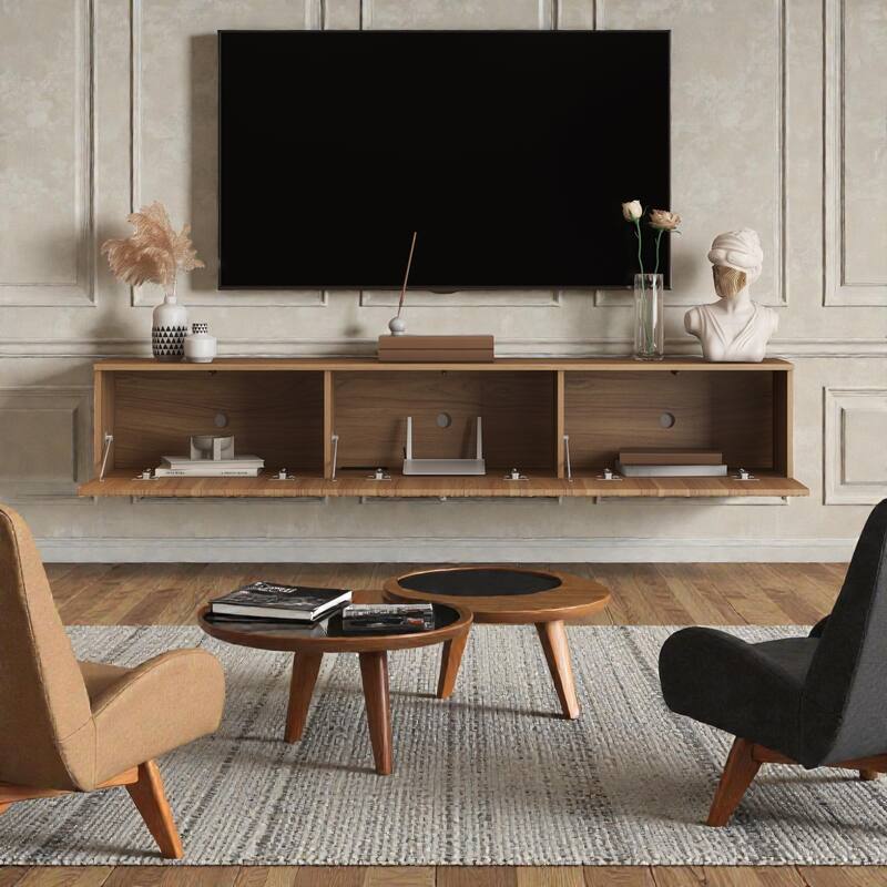 69" Floating TV Stand Wall Mounted with 16 Color LED Lights, Modern TV Cabinet for 55-65 Inch TVs